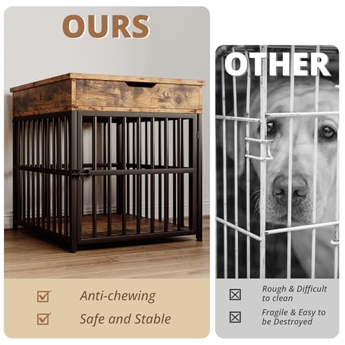 IRONCK Dog Crate Furniture for Small Dogs, Wooden Dog Kennel with Flip Top Drawer, Indoor Pet Crate End Table with Charging Station, Steel-Tube Dog Cage, Rustic Brown