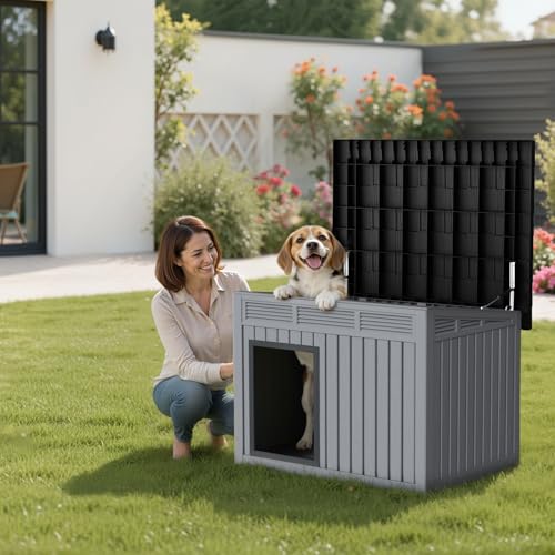 Jatindear Dog House Indoor Outdoor, Waterproof Dog House for Small to Medium Dogs,Easy to Assemble and Clean, Doghouse with Air Vents and Elevated Floor,Openable at The Top,Grey,32.2"×25.12"×24.13"
