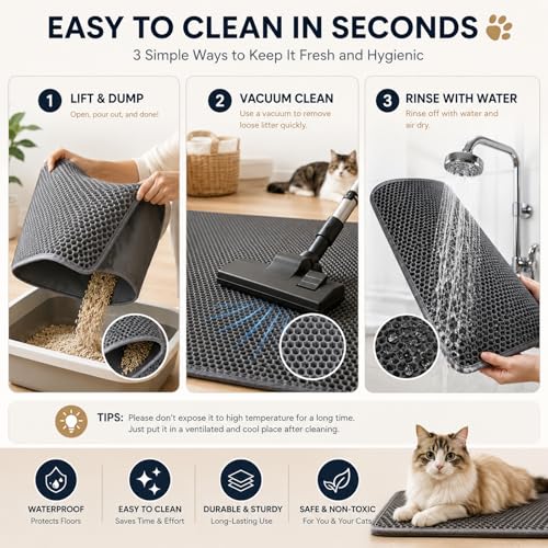 Flasidu Cat Litter Box Mat Double Layer Trapping Mat Easy-Clean Waterproof Urine Proof(Gray 30x22in)
