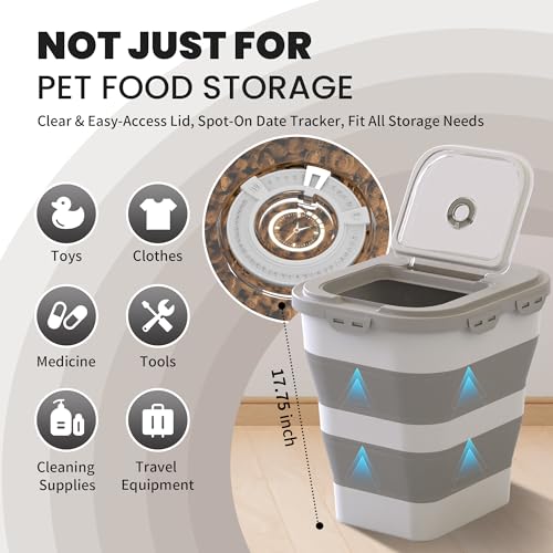 DDMOMMY 35-40 Lbs Airtight Dog Food Storage Container, Collapsible Dog Food Container with Lid, Wheels, Date Track, Large Pet food storage Container for Rice,Flour,Sugar,Dog Food Scoop,2PCS Containers