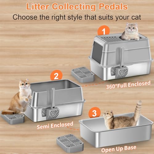 URPOWER Stainless Steel Cat Litter Box with Lid Extra Large Enclosed Litter Box Non-Sticky Metal Pan with High Sided & Scoop, Odor Free, Front & Top Entry, Anti-Leakage, Easy Cleaning