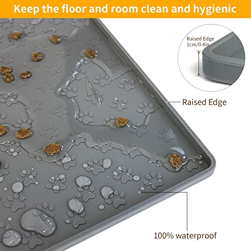 Ptlom Grey Pet Placemat for Dog and Cat, Waterproof Non-Slip Silicone Feeding Bowl Mat Prevent Food and Water Overflow, Puppy Dish Feeder Fountain Trays Suitable for Medium and Small Pets