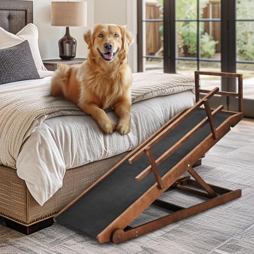 Dog Ramp for Couch, 5-Level Adjustable Wooden Pet Ramp for Bed & SUV, Adjustable Height 15.7"-23.6",Folding Non Slip Dog Ramps for Small Large Senior Dogs & Cats - Furniture Quality