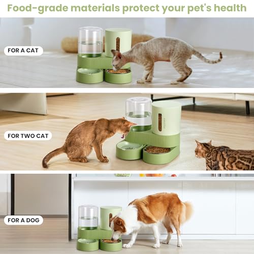2 Pack Automatic Cat Feeder Stainless Steel Water Dispenser Gravity Food Feeder and Waterer Set with Pet Food Bowl for Small Medium Kitten Puppy Pets Large Capacity(Green)