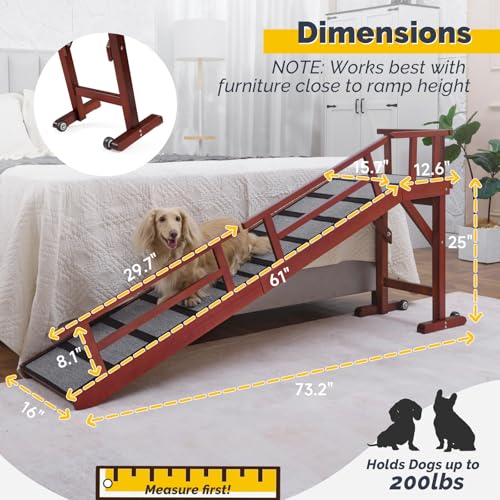 KUVETO Dog Ramp for Bed or Couch, Wooden Pet Ramp with 20° Gentle Slope, Removable Side Rails, Non-Slip Surface, Top Platform & Wheels, Safe Bed Ramp for Small, Large & Senior Dogs, 74" Long, Mahogany