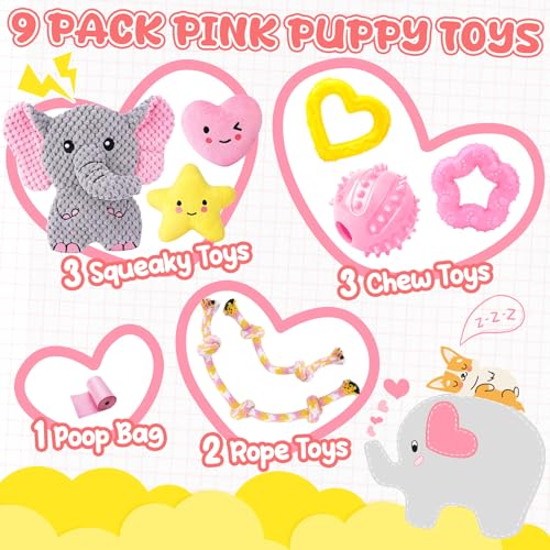 XIUGOAL Pink Puppy Toys - 9 Pack Puppy Chew Toys for Teething, Enrichment Dog Toys for Small Dogs to Keep Them Busy, Squeaky Plush Toy for Boredom