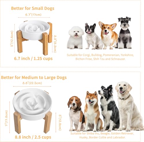 Elevated Slow Feeder Dog Bowl - Ceramic Maze Food Dish with Bamboo Stand - Raised Feeding Bowl for Fast Eaters - Ideal for Small and Medium Dogs - White - 6.7 inch