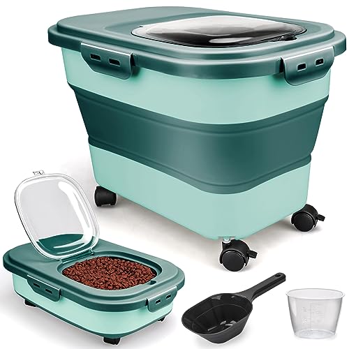 Viretec Dog Food Storage Container, 10-20Lbs Collapsible Pet Food Storage Containers with Rolling Wheel Airtight Locking Lid, Dry Food Storage Bin with Cup and Scoop,Suitable for Pet Food, Flour, Rice