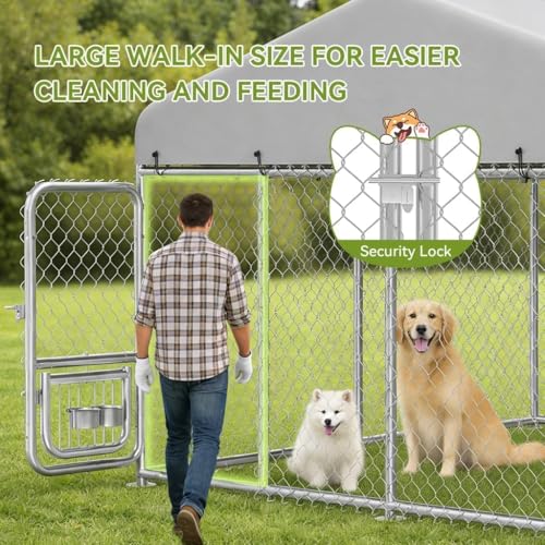COMHOMA 10×10FT Outdoor Dog Kennel with Adjustable Bowls Feeder Heavy Duty Extra-Large Dog Enclosure with Roof & Lock All Weather Resistant for Medium Large Dogs