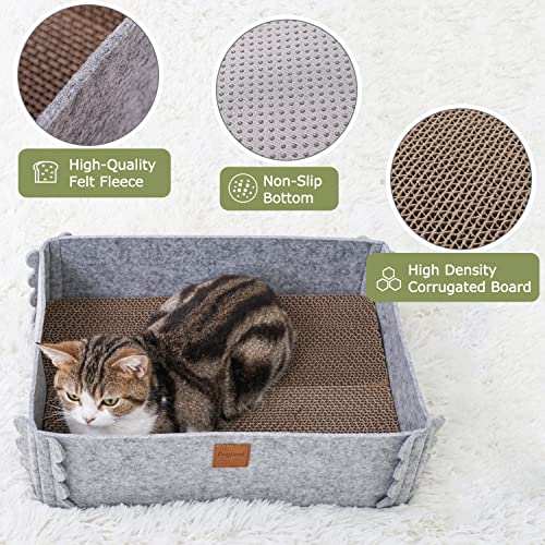 TIGOADT Felt Cat Scratcher Lounge Box with Removable Cardboard,Rectangular Cat Bed with Corrugated Board, Pet Scratching Pad for Furniture Protection, Training Toy (Gray)