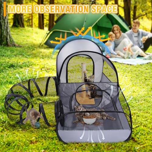 Portable Cat Playpen with Surround Tunnel, 2-Linked-Enclosed Areas, Ideal Cat Tent Outdoor or Cat Playpen for Indoor Cats Enclosed.Breathable Mesh Design for Indoor & Outdoor Use(Grey)