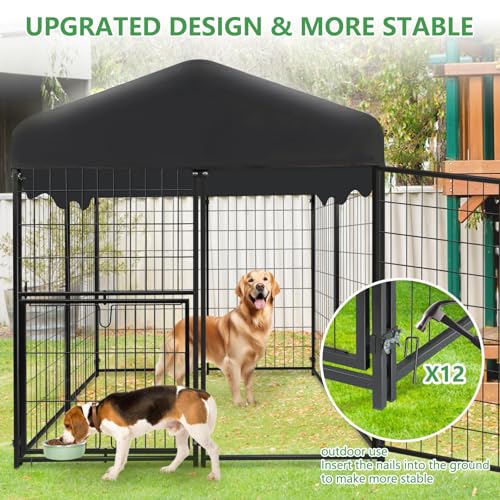 1R2P3I Dog Kennel Outdoor 4x4.2x4.5ft, Outside Dog Kennel with Roof, Large Dog Kennels with Rotating Door & 2 Adjustable Bowls, Pet Enclosures Crate Cage for Small/Medium Dogs