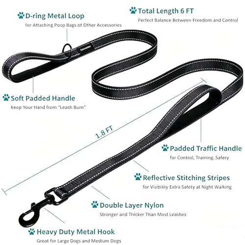 Heavy Duty Dog Leash - 2 Handles by Padded Traffic Handle for Extra Control, 6foot Long - Perfect for Medium to Large Dogs (6 ft, Black)