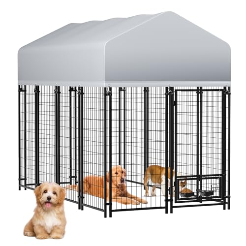 Outside Large Dog Kennel with roof, Heavy Duty Dog Enclosurewith Waterproof, 2 Rotating Dogs Bowls, Outdoor Dogs CageRun with Secure Lock (8x4x6 FT)