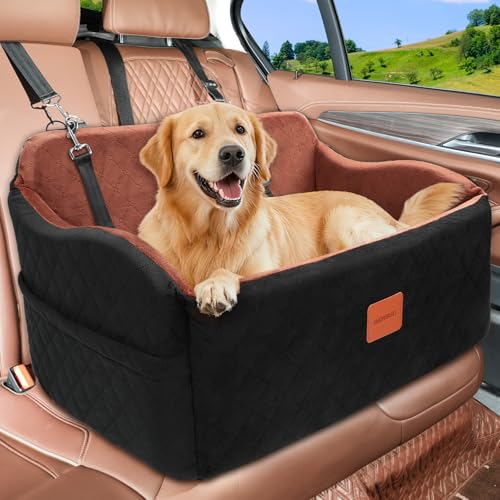 INDYBUD Dog Car Seat for Medium/Large Dogs, Memory Foam Pet Booster Seat for Under 55 lbs or 2 Small Dogs, Detachable Dog Car Bed for Backseat with 2 Safety Leashes and Pockets(Black/Brown, Large)