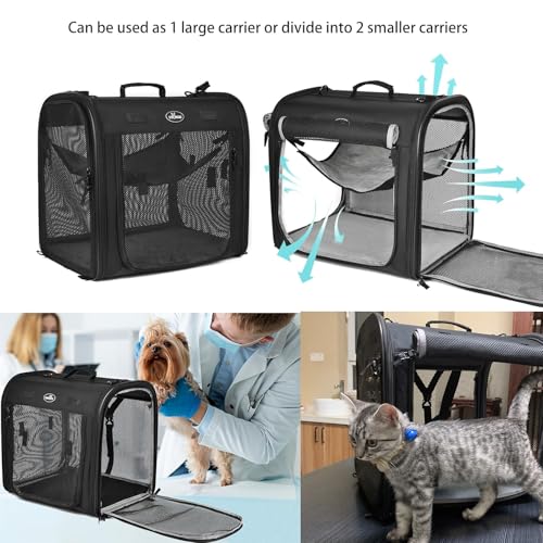 Wakytu Portable 2-in-1 Pet Carrier for Medium Dogs Large Cat Carrier for 2 Cats Travel Double Dog Crate Set with Portable Carry Bag/Hammocks/Mats/Tent Stakes/2 Pcs Pet Bowls for Outdoor Camping