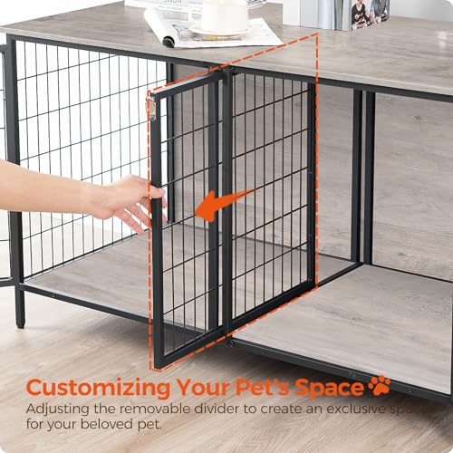 MAHANCRIS Dog Crate Furniture for 2 Dogs, 43.3" Dog Kennel with Removable Divider, Heavy Sturdy Dog Furniture Style Double Cage for Small Medium Dog, Indoor Pet House End Table, Greige DCHG1201
