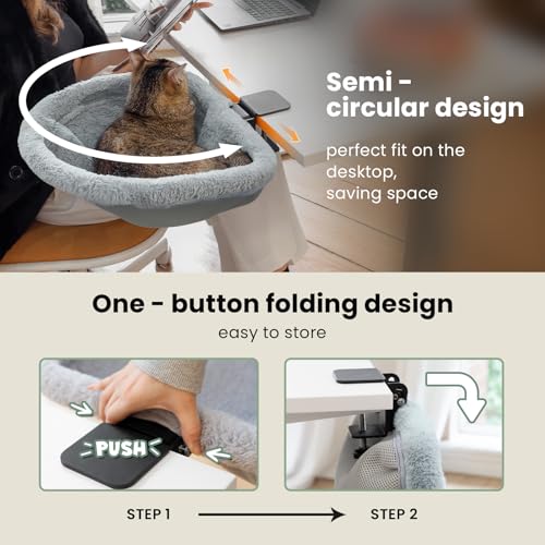 JUNSPOW Cat Desk Bed - One-Click Folding,Sunken Design & Space-Saving Semi-Circular Cat Bed, Soft Faux Rabbit Fur Material, Suitable for Various Desktops-Maximum Hold Up to 40lb