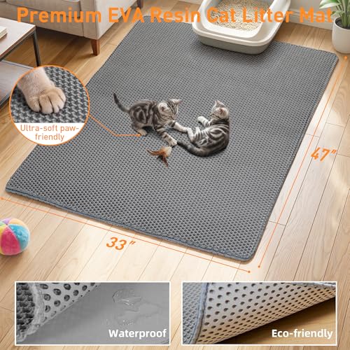 Anywish Large Cat Litter Mat for Litter Box, 47"×33" Double Layer Trapping Mat, Non-Slip Water Proof Kitty Litter Pad, Grey