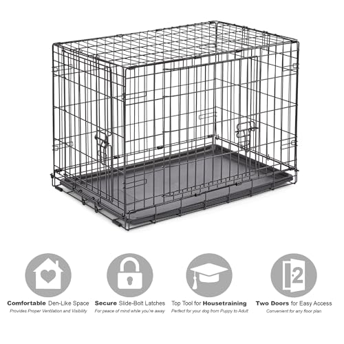 Midwest Homes for Pets 30-Inch New World Crate for Medium Breeds, 21-40 lbs, Double Door Folding Dog Crate, Leak-Proof Tray & Secure Latches, Portable, Durable & Easy to Assemble