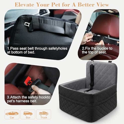Dog Car Seat for Small/Medium Dogs,Pet Dog Booster Car Seat Puppy 15-35 lbs with Soft 4+2in Detachable Pads Detachable Elevated Cushion and Washable Cover Safety Belt Storage Pockets Easy to Install