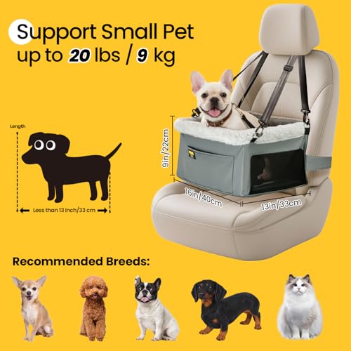 Conlun Dog Car Seat Booster for Small Pet Under 20lbs, Portable Travel Puppy Car Seat with Internal Steel Frame, Comfort Cushion & Storage Pockets, Adjustable Straps Fit Most Cars, Grey