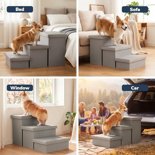 Fecuria 3-Step Wide Dog Stairs with Hidden Storage 18" H, Non-Slip Dog Steps for High Bed Couch Window Car, Jiont-Friendly Pet Stairs Ramp for Small/Medium/Large Old Dogs Cats Up to 220lbs, Grey