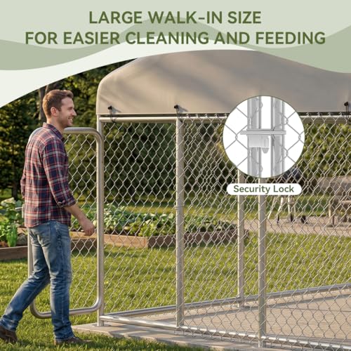 COMHOMA Dog Kennel Outdoor with Roof,Large Metal Dog Enclosure with Weather-Resistant Cover,Lockable Gate for Medium Large Dogs (Silver, 7.5x7.5FT (90in))