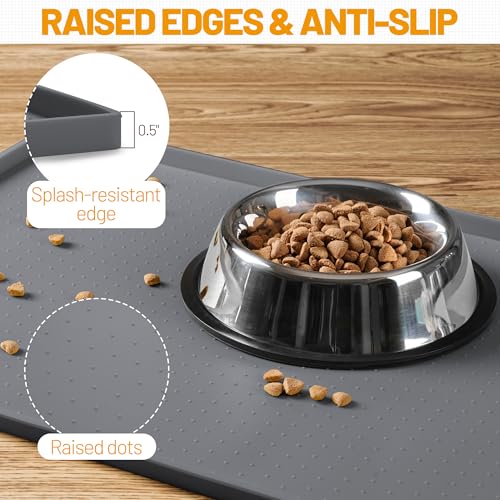 Hubulk Dog Feeding Mat,100% Waterproof Food Grade Silicone Pet Food and Water Bowl Placemat,Dishwasher, High Raised Edge to Prevent Spills,Nonslip Tray to Stop Messes on Floor (19"x12"x0.5", Grey)