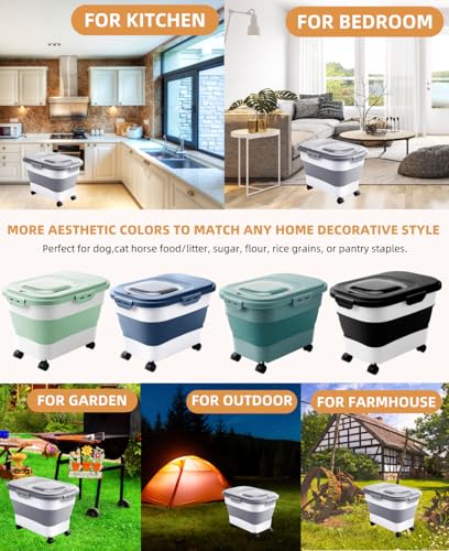 DDMOMMY 20-30 Lbs Rice Storage Container,Collapsible Food Storage Containers with Rolling Wheel Airtight Locking Lid,Flour Storage Container with Cup and Scoop,Suitable for Food,Rice,Pet Food,Flour