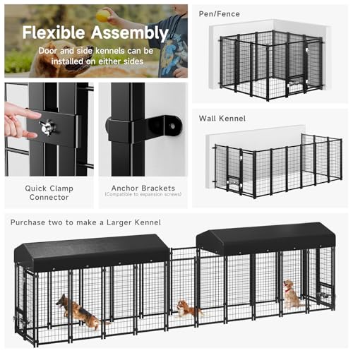 Guiferland Dog Kennel Outdoor, Large Outside Dog Kennel with Roof & Swivel Feeders/Removable Doggy Door Allow Connecting Your Dog House, Heavy Duty Dog Run Pen for Medium/Large Dogs (8'L x 4'W x 6'H)