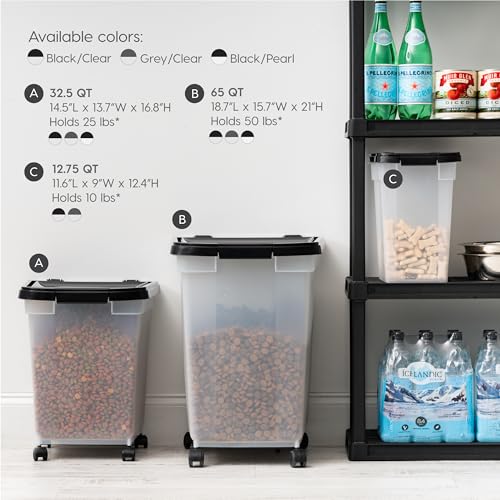 IRIS USA Airtight Dog Food Storage Container, WeatherPro, Up to 25 lbs, Removable Wheels, for Dog Cat Bird and Other Pet Food Storage Bin, Keep Fresh, Translucent Body, Made in USA, Clear/Black