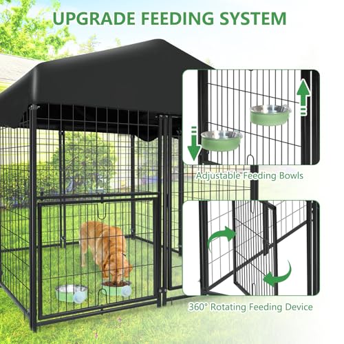 1R2P3I Dog Kennel Outdoor 4x4.2x4.5ft, Outside Dog Kennel with Roof, Large Dog Kennels with Rotating Door & 2 Adjustable Bowls, Pet Enclosures Crate Cage for Small/Medium Dogs