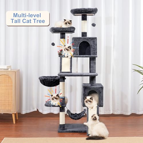 Gitelsnour Cat Tree for Indoor Cats, 71'' (180cm) Multi-Level Cat Tower for Large Adult, Sturdy Cat Tree House with 2 Scratching Boards 7 Posts, 2 Plush Perches/Condos, Hammock, Smoky Gray GCT032G