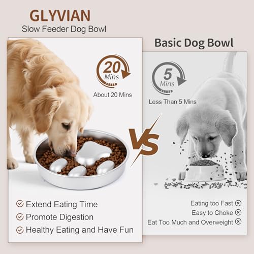 Slow Feeder Dog Bowl for Fast Eating Dogs Stainless Steel Heavy Duty 8.2" with Non-Slip Base, Raised Obstacle Slow Down Eating for Small Medium Large Dogs, Reduces Bloat & Indigestion, Dishwasher Safe