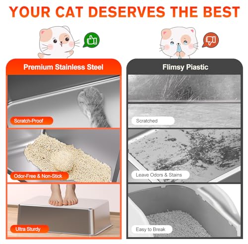 2PACK Stainless Steel Litter Box, Metal Litter Boxs with Lid High Sides, XL Extra Large Litter Box for Big Cats, Never Absorbs Odors, Leak-Proof, Stain-Free, Rust-Free, Easy to Clean, Scoop Included