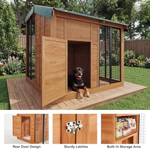Aoxun 7' x 5' Large Outdoor Cedar Wood Dog House, Weatherproof Dog Kennel with Roof, Rear Door, Secure Lock & Built-in Storage for Medium to Large Dogs