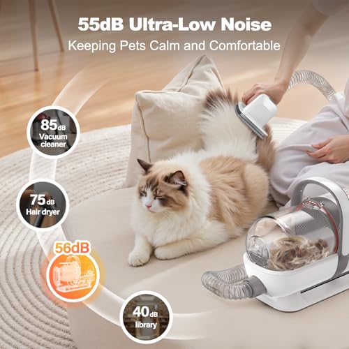 Afloia 6-in-1 Dog Grooming Kit, Pet Grooming Vacuum for Shedding, Dog Hair Vacuum with Clipper Nail Trimmer Grinder, Pet Brush Groomer at Home, Low Noise Cats Hair Remover, 1.5L Dust Cup, White