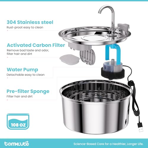 Cat Water Fountain Stainless Steel - 108oz/3.2L Large Capacity Cat Fountain for Drinking, Ultra Quiet Metal Pet Water Fountain for Cats, Small Dogs, Multiple Pets