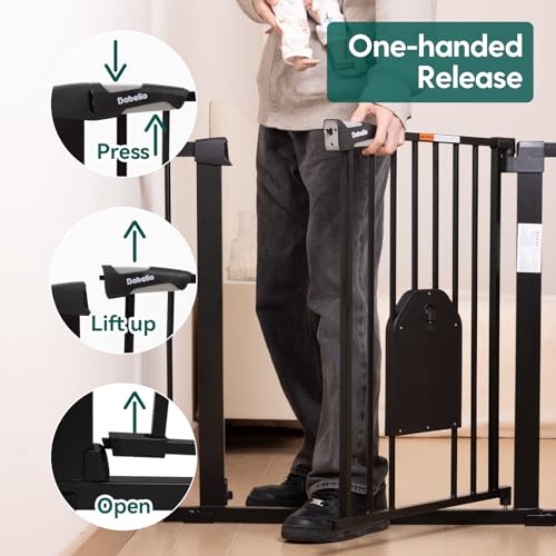 Babelio Auto Close Baby Gate with Cat Door,29-43" Metal Gate for Doorway,Stairs, House,Easy Walk Thru with Pet Door,Includes 4 Wall Cups and 3 Extension Pieces,Black