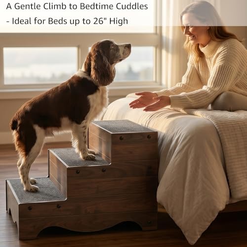 beeNbkks Dog Stairs Furniture, Extra Wide Wooden Pet Steps for Medium Large Dogs and Cats, Non-Slip Pet Ladder for Elderly Injured Pets Short Legged Puppy to Reach Couch Sofa High Bed Windowsill
