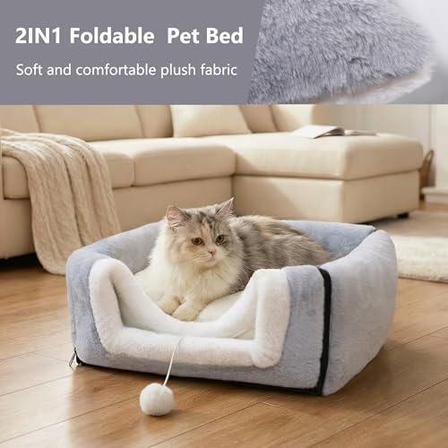 OMIVIER Cat Bed for Indoor Cats，Foldable cat cave，Anti-Slip & Water-Resistant Bottom，cat Houses for Indoor Cats or Small Dogs, Kitten Tent, Rabbit Bed，2 in 1 pet Bed (Grey)