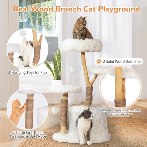 COZIWOW Modern Cat Tree Tower, Cloud Cat Tree with Solid Natural Wood Scratching Post, Luxury Condo & Perches, Aesthetic White Cat Furniture for Indoor Large Cats, 34" L X 17.7" W X 41.7" H