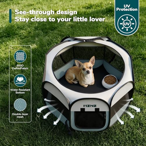 MZNZ Dog Cat Playpen, Portable Small Animal Playpen Crate Indoor for Dogs Cats Rabbits, Foldable Guinea Pigs Bunny Cage Enclosure for Outdoor, Pop Up Dogs Cats Tent Kennel with Carrying Case, Grey