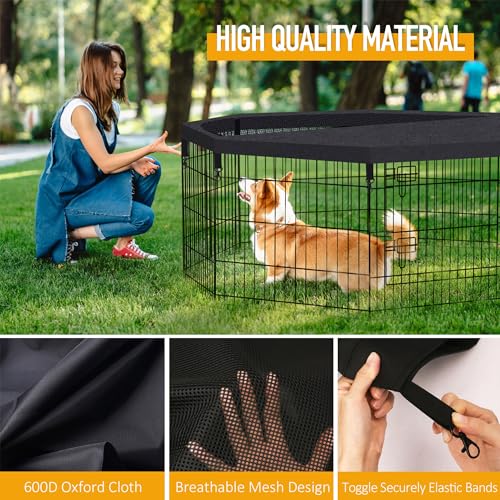 Dog Playpen Top Cover Only for 8 Panel 24 Inch Pet Playpen, Black Mesh Shade Cover for Small Medium Pets, Indoor Outdoor Use, Octagonal Shape, Fence Panels Not Included