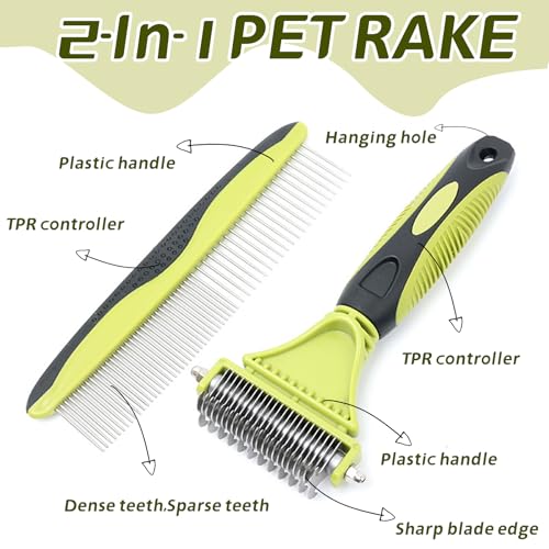 Pon Ywo Nree 2-in-1 Pet Grooming Brush & Undercoat Rake, Double Sided Dematting Comb for Dogs Cats, Shedding & Slicker Grooming Tool (Green)