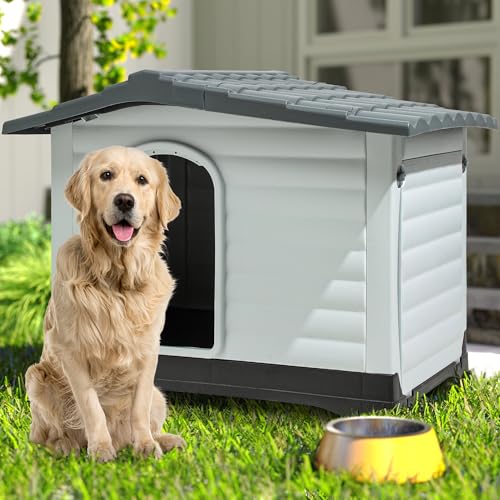 DWVO 2-Door Large Dog House with Elevated Base & Cushion, Weather-Resistance Dog Bed House for Indoor/Outdoor Use, Easy Assembly Pet House for Small to Large Dogs (43.7''L x 33''W x 31.6''H)