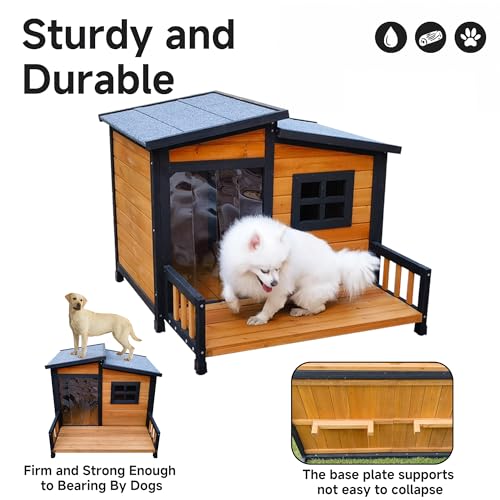 WHEGETED Large Dog House Outdoor Indoor for Small Medium Large Dog, Wood Insulated Dog Kennel Home with Durable Weatherproof Asphalt Roof and Elevated Floor Outside Shelter Brown 39x37x30 Inches