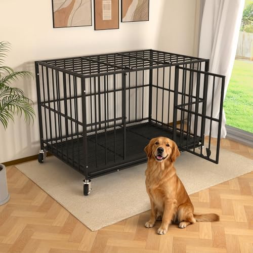 Docagt 48 Inch Heavy Duty Dog Crate Steel Escape Proof, Indoor Double Door High Anxiety Cage, Removable Tray, Large Dog Kennel with Wheels, XL XXL