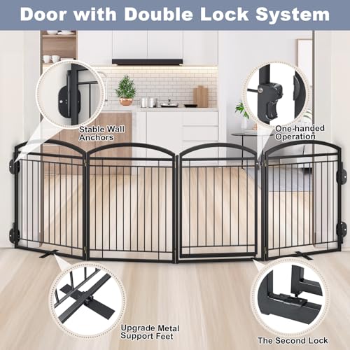 Full Metal Free Standing Dog Gate with Door for Outdoor Indoor,96'' Extra Wide 36'' Tall Dog Gates for Doorways,Large Openings,Decks,Porch,Freestanding Portable Pet Fence(4 Panels,Black)